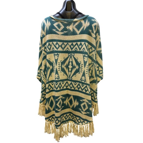 Tasha Polizzi Collection Cream & Teal Aztec Print Poncho Blouse L/XL Tassel Frin - Picture 2 of 6